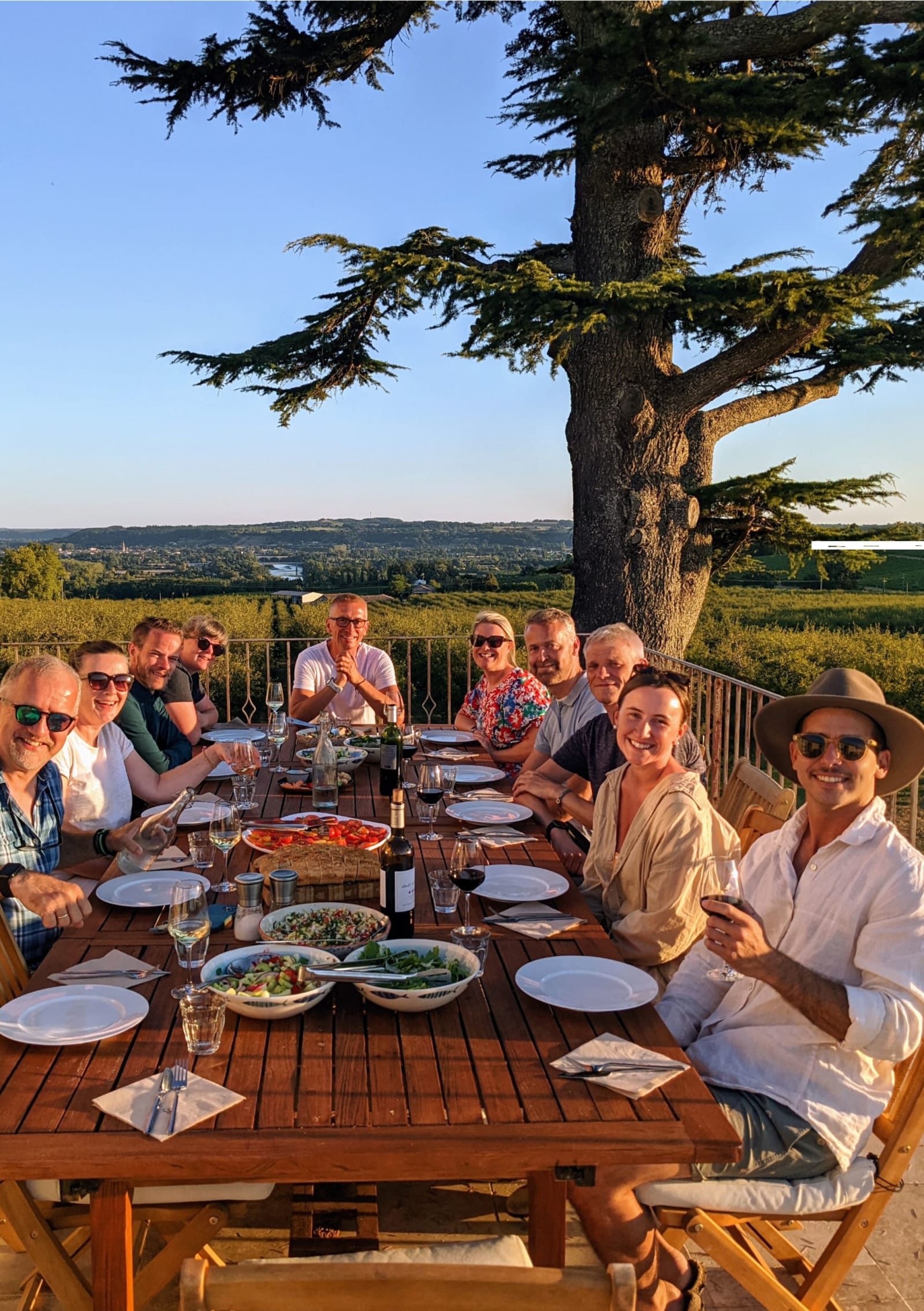 Guests dining at a long table beneath the cedar trees